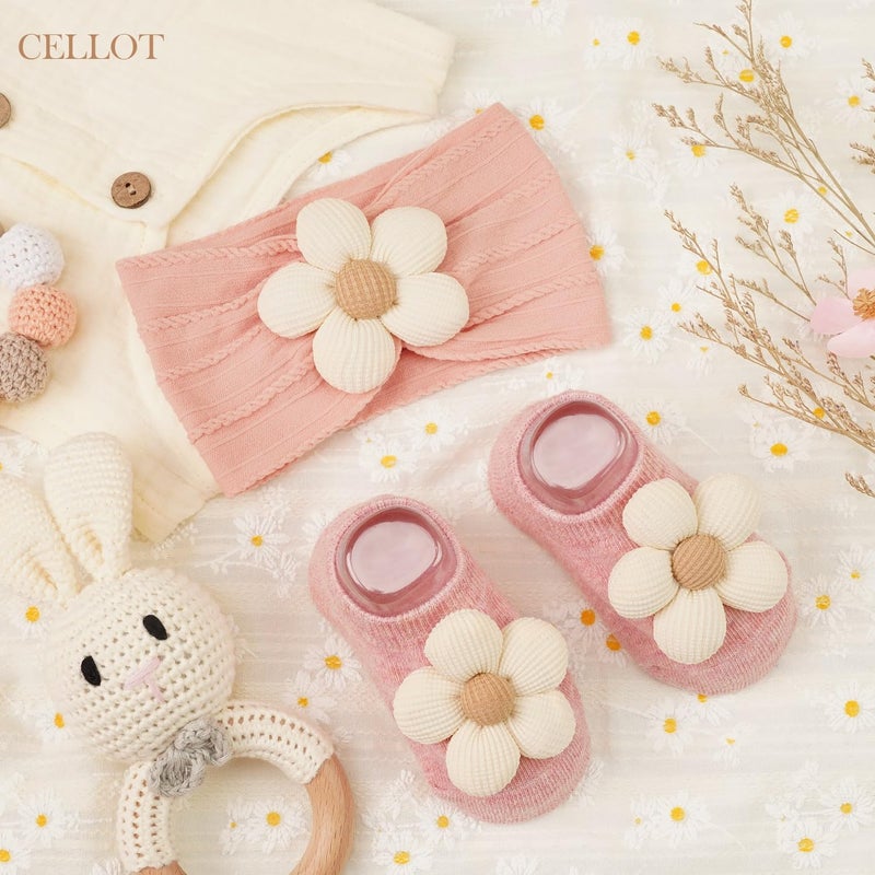 CÉLLOT رباط رأس وجوارب للبنات الصغيرات، جوارب زهرية غير قابلة للانزلاق ورباطات شعر ناعمة من النايلون للبنات والرضع والأطفال الصغار - Image 5